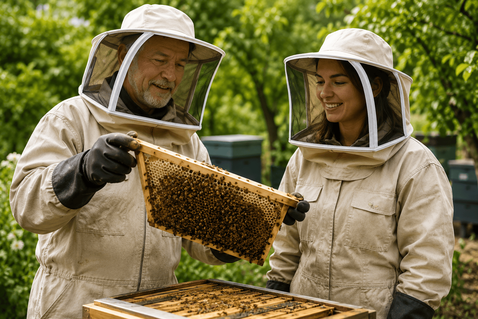 Two beekeepers inspecting a frame of brood at a working apiary
