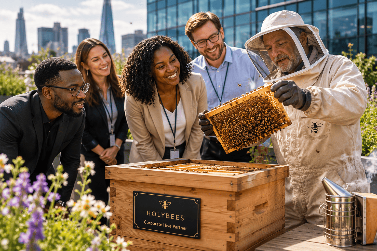 A beekeeper lifting a frame of bees while employees look on