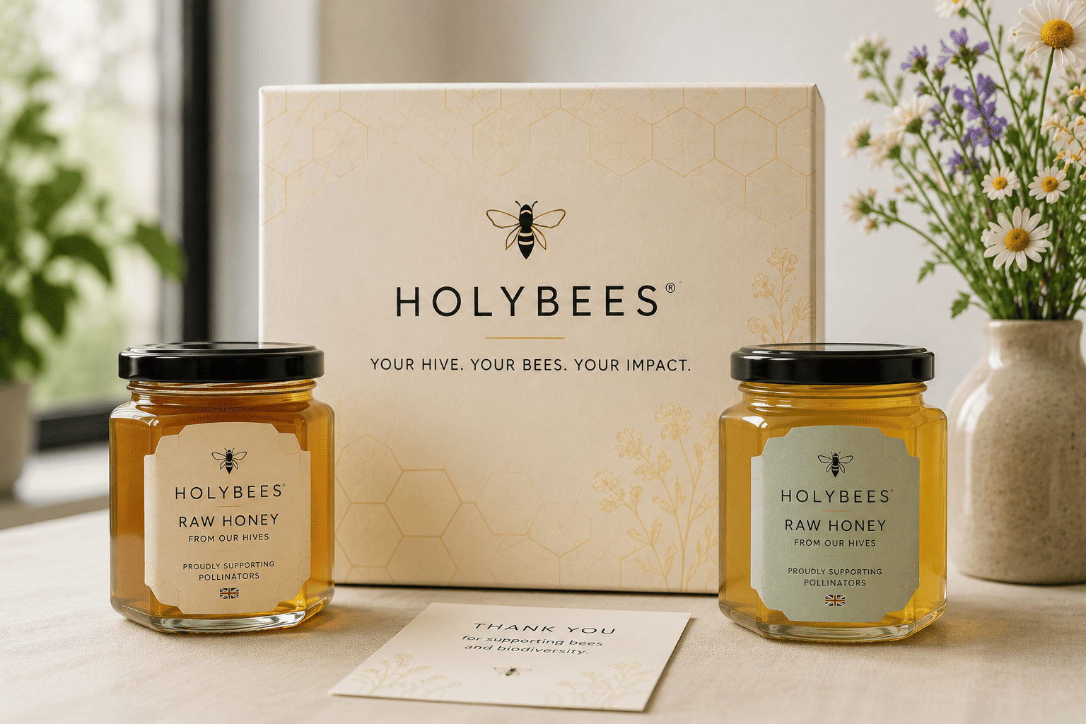 Jars of honey in branded presentation packaging with a thank you card