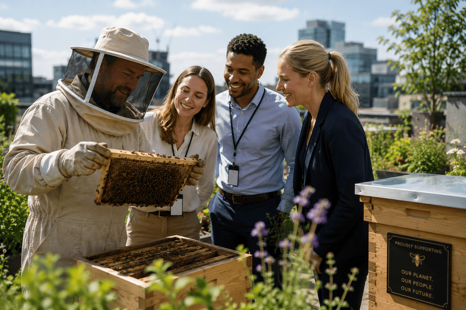 Employees in veils watching a beekeeper hold a frame of honeycomb