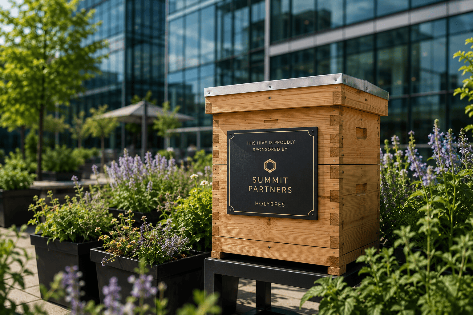 A wooden beehive carrying a plaque naming the organisation that sponsors it