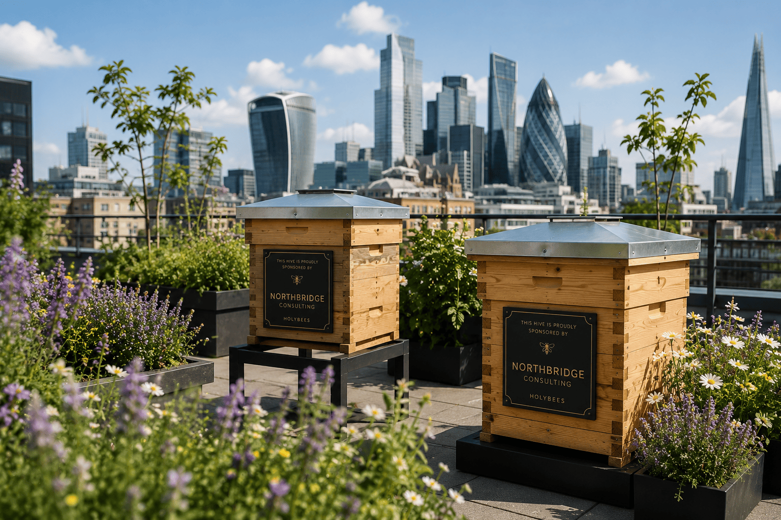 Beehives on a landscaped workplace terrace surrounded by pollinator planting